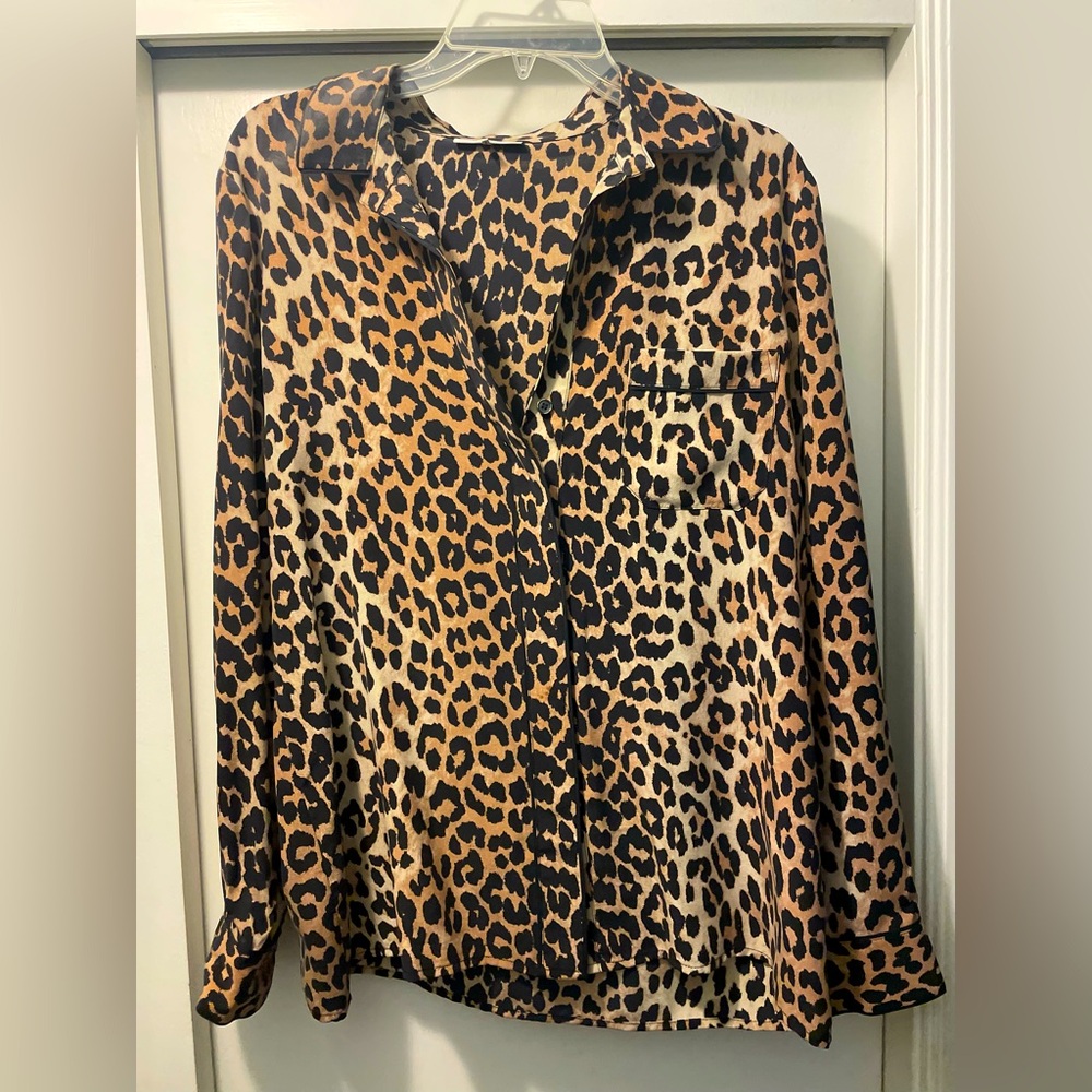 Ganni Silk Leopard Print Button Shirt Women’s Size M 100% Silk Leopard Print